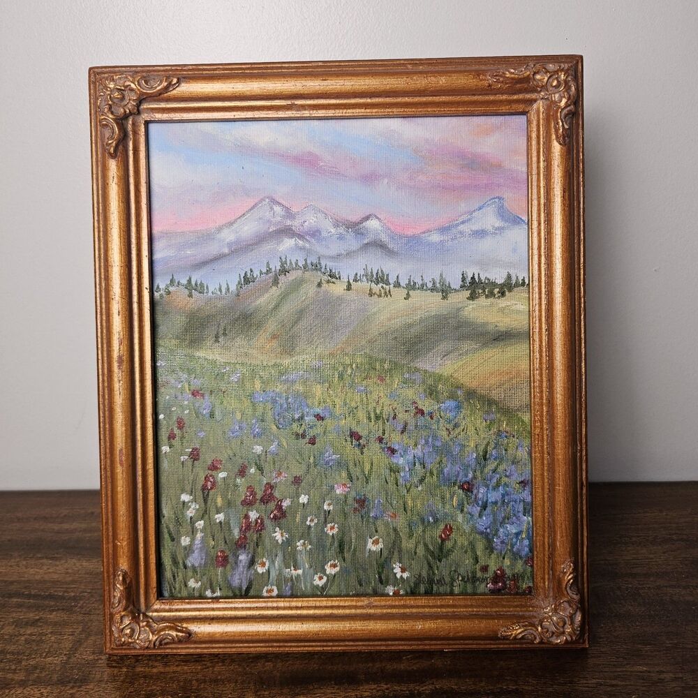 Original Impressionist Mountain Meadow Oil Painting Framed Landscape 10"x12"